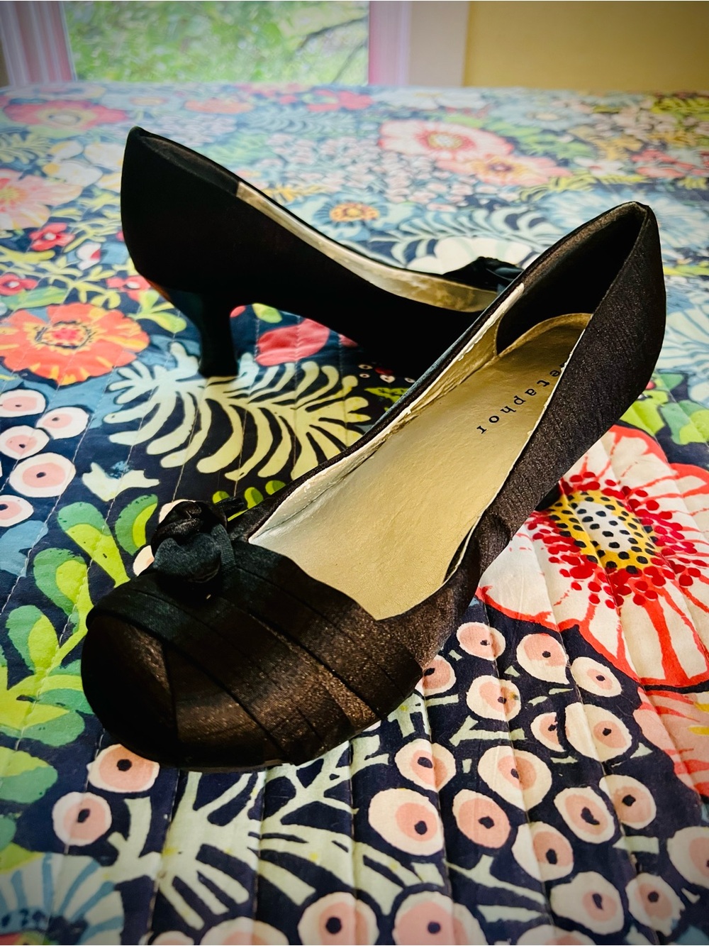 metaphor Tiana Black Satin Women’s Kitten Heels with Bow Knot Accent